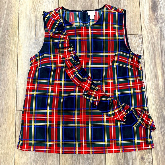 J. Crew Tops - J. CREW Red Tartan Plaid Ruffle Sleeveless Blouse Sz 10